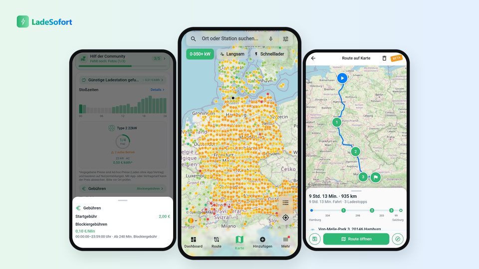 Drei Smartphone-Ansichten der LadeSofort-App: Gebühren einer Station, Preis-Ampel für Deutschland und ein Routenplaner von Hamburg nach Salzburg