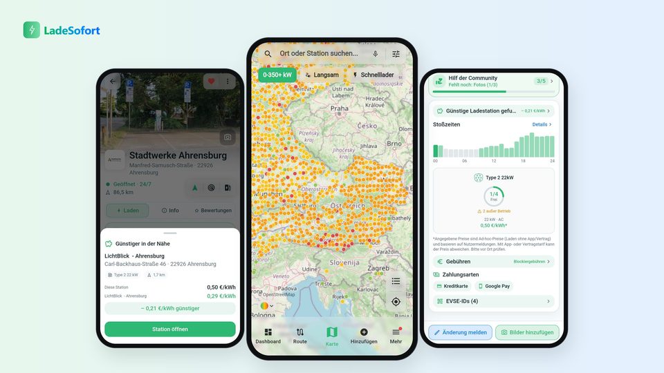 Bildtafel mit drei App-Ansichten: Günstiger in der Nähe, Karte Österreich, Zahlungsarten