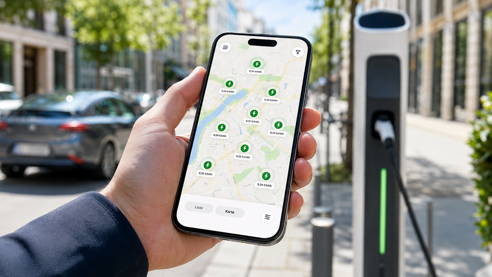 Lade-App mit Live-Preisen mehrerer Ladestationen auf einer Stadtkarte