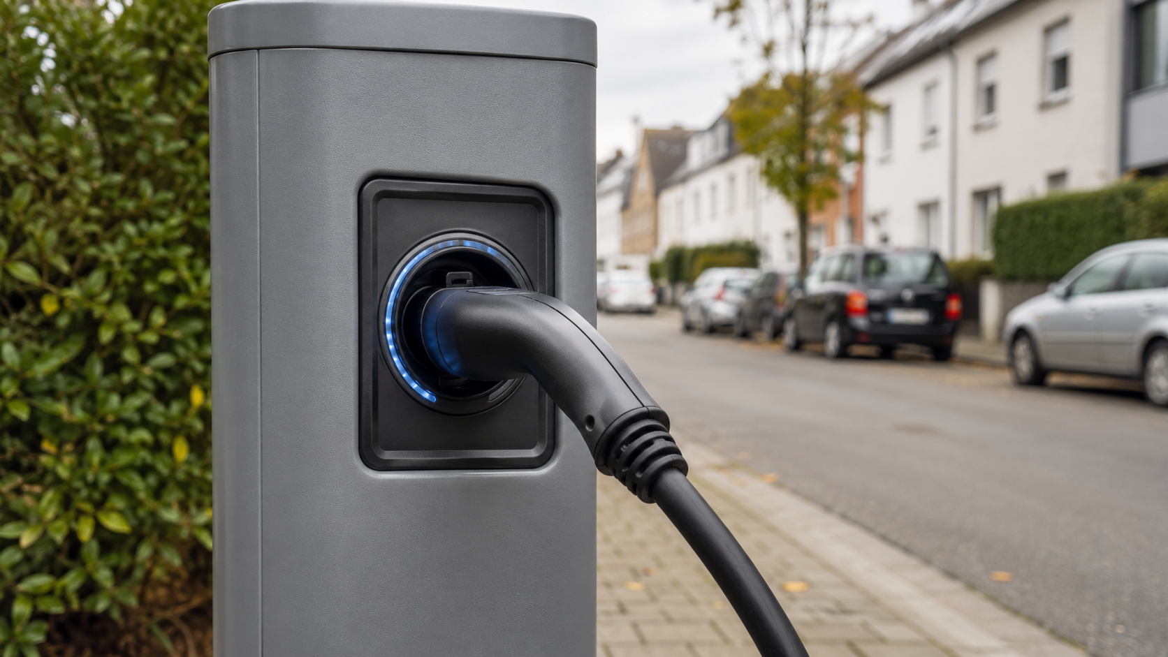 AC-Ladestation mit 22 kW Ladeleistung und Typ-2-Stecker am Stra&szlig;enrand in einem Wohngebiet