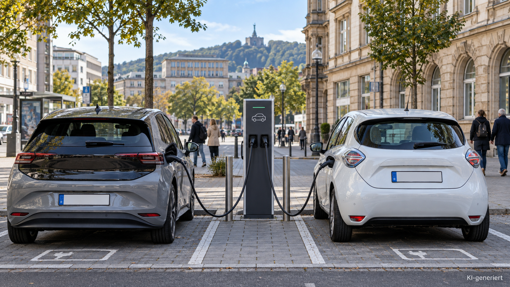 Zwei Elektroautos laden an einer &ouml;ffentlichen Ladestation in einer deutschen Innenstadt