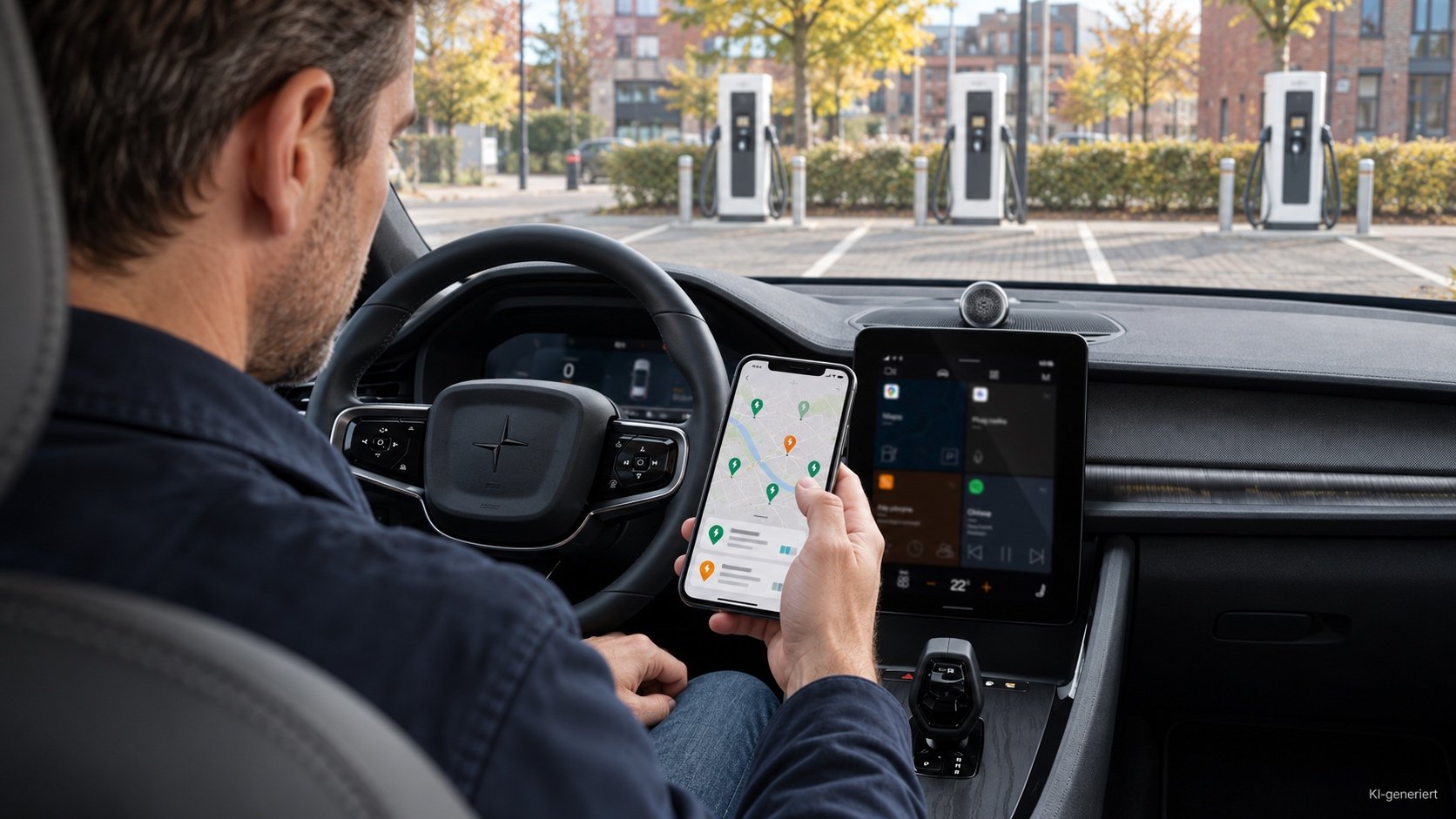 Person vergleicht auf dem Smartphone die Ad-hoc-Ladepreise mehrerer Lades&auml;ulen in der Umgebung
