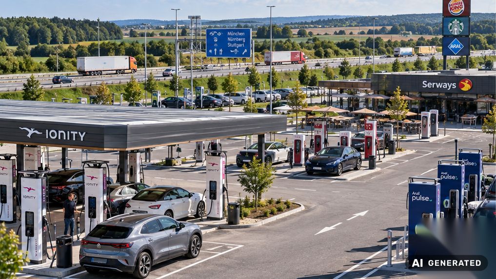 Großer Schnellladepark mit Ladepunkten mehrerer Anbieter an einem Autohof an der A45 in Hessen