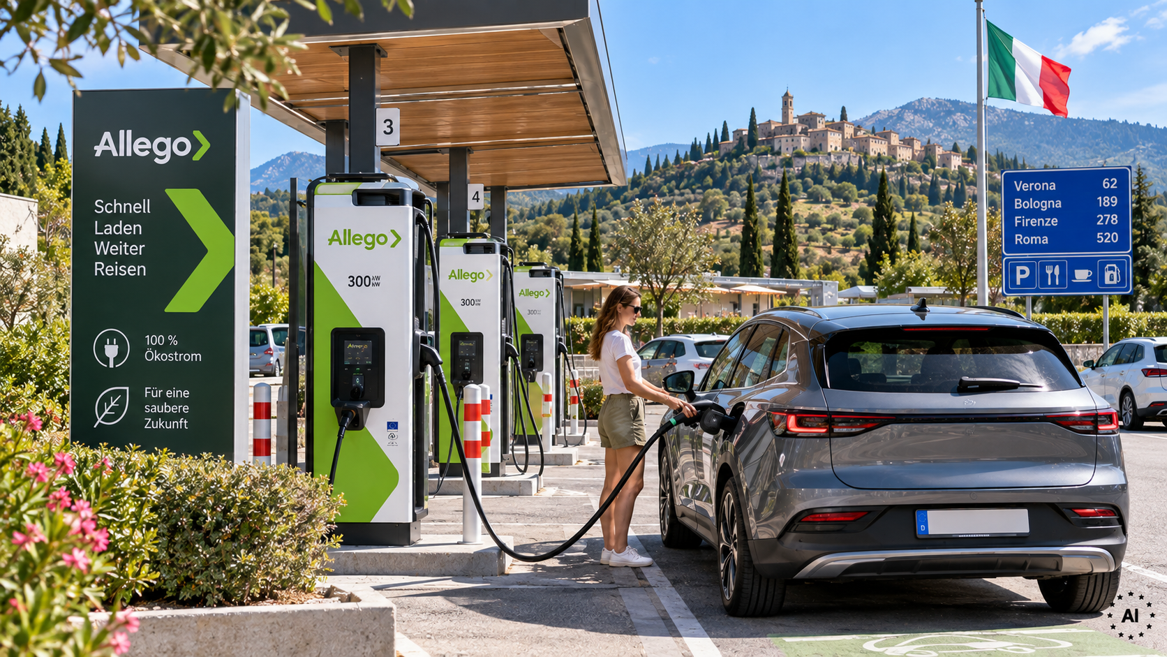 E-Auto lädt an einer Schnellladestation an einer sonnigen Raststätte auf dem Weg in den Süden