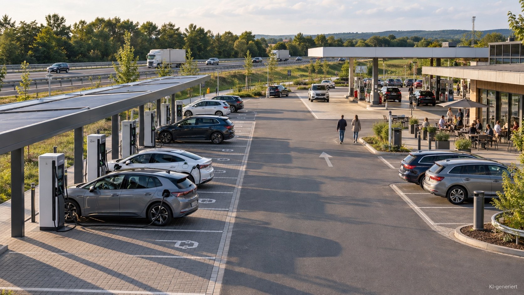 Ladepark mit mehreren Schnellladesäulen an einer bewirtschafteten Autobahnrastanlage