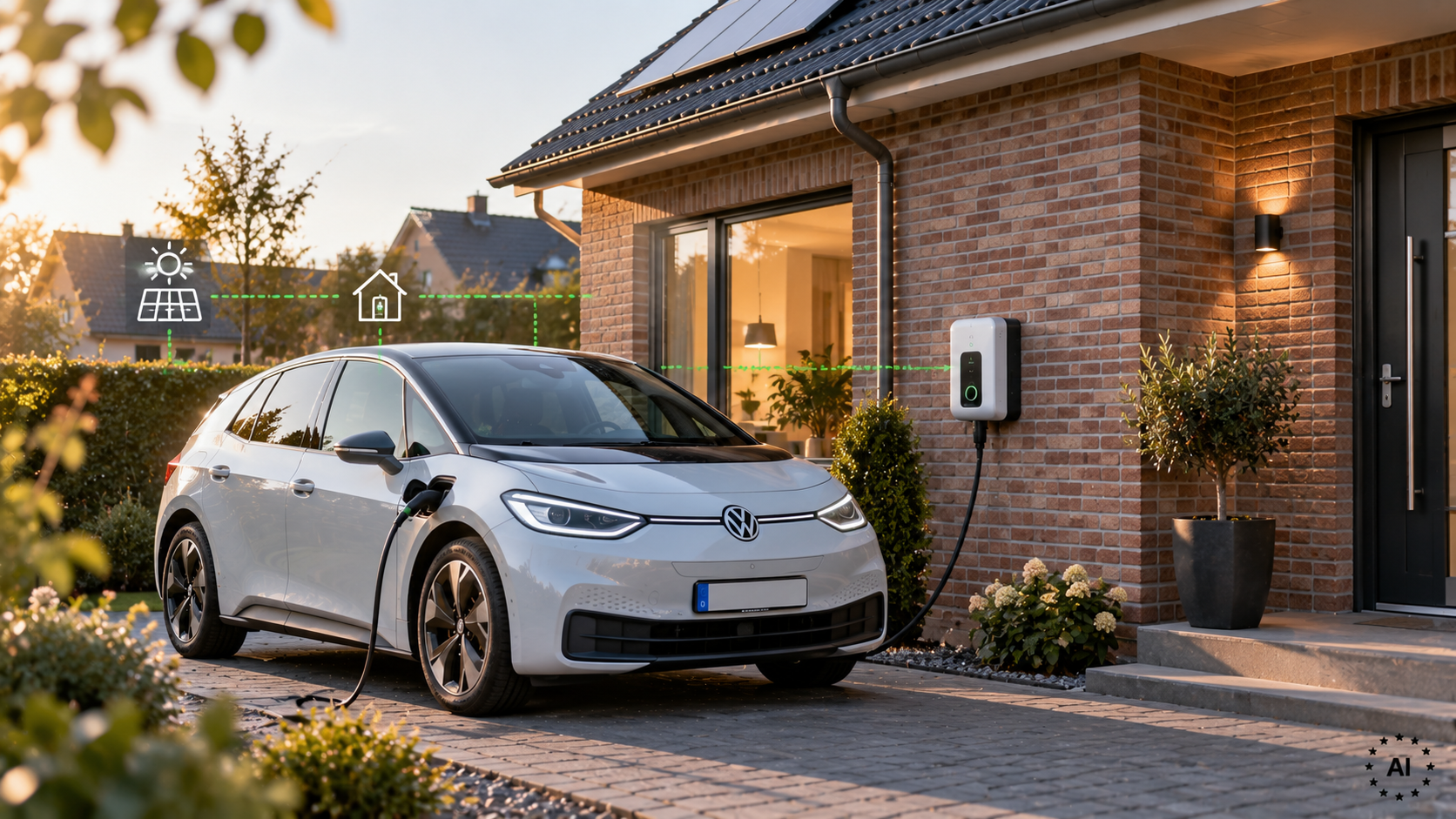  E-Auto lädt bidirektional an einer Heim-Wallbox vor einem Einfamilienhaus in Deutschland 
