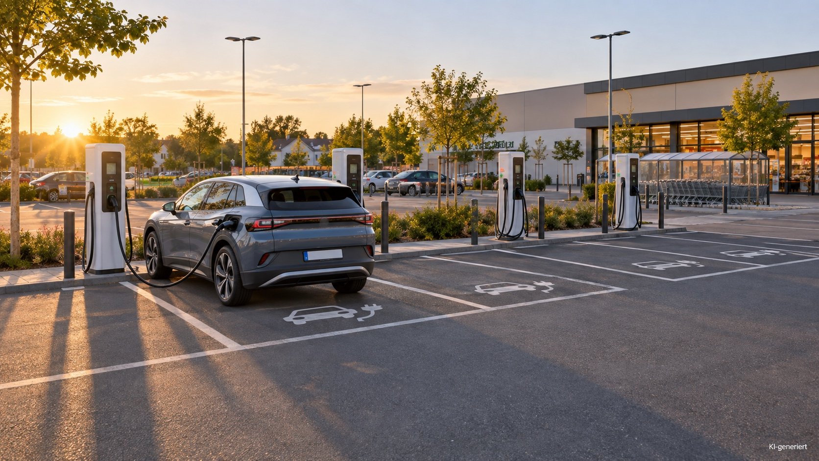 Vollgeladenes E-Auto steht abends allein an einer Schnellladesäule