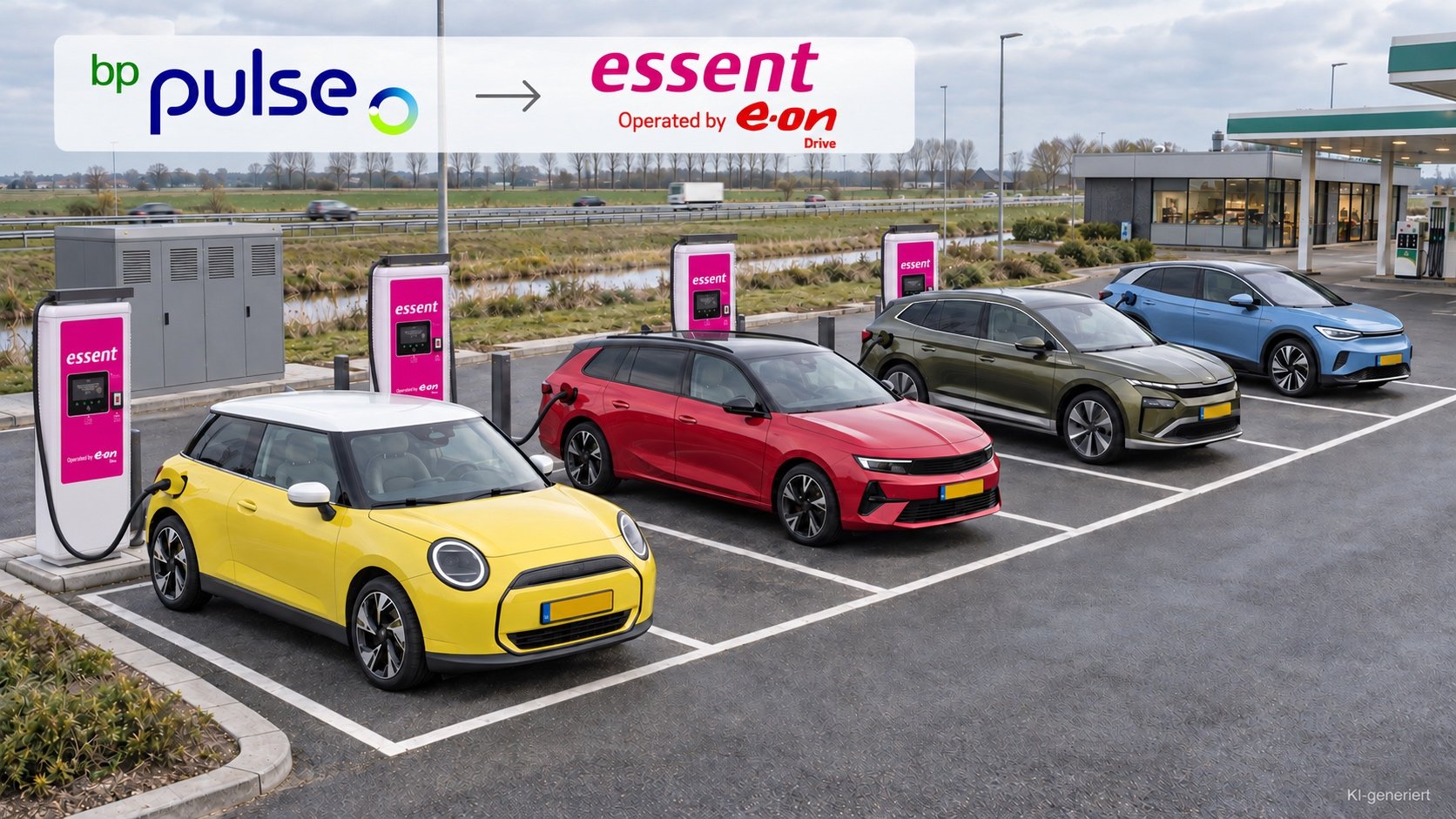 Schnellladepark an einer niederländischen Autobahn-Tankstelle mit ladenden E-Autos