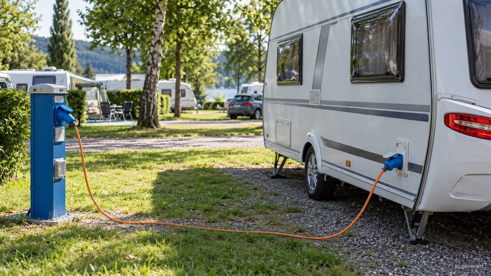 Wohnwagen auf einem Campingplatz an einem CEE-Stromanschluss
