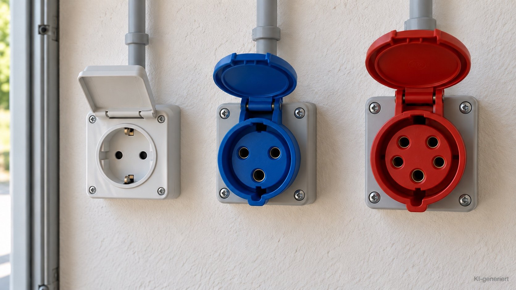 Rote CEE-Steckdose, blaue CEE-Steckdose und Schuko-Steckdose nebeneinander an einer Garagenwand