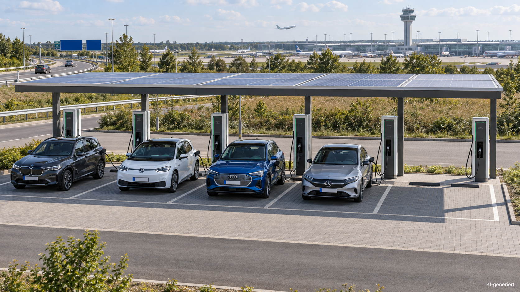 chnellladepark nahe einem deutschen Flughafen mit mehreren ladenden Elektroautos