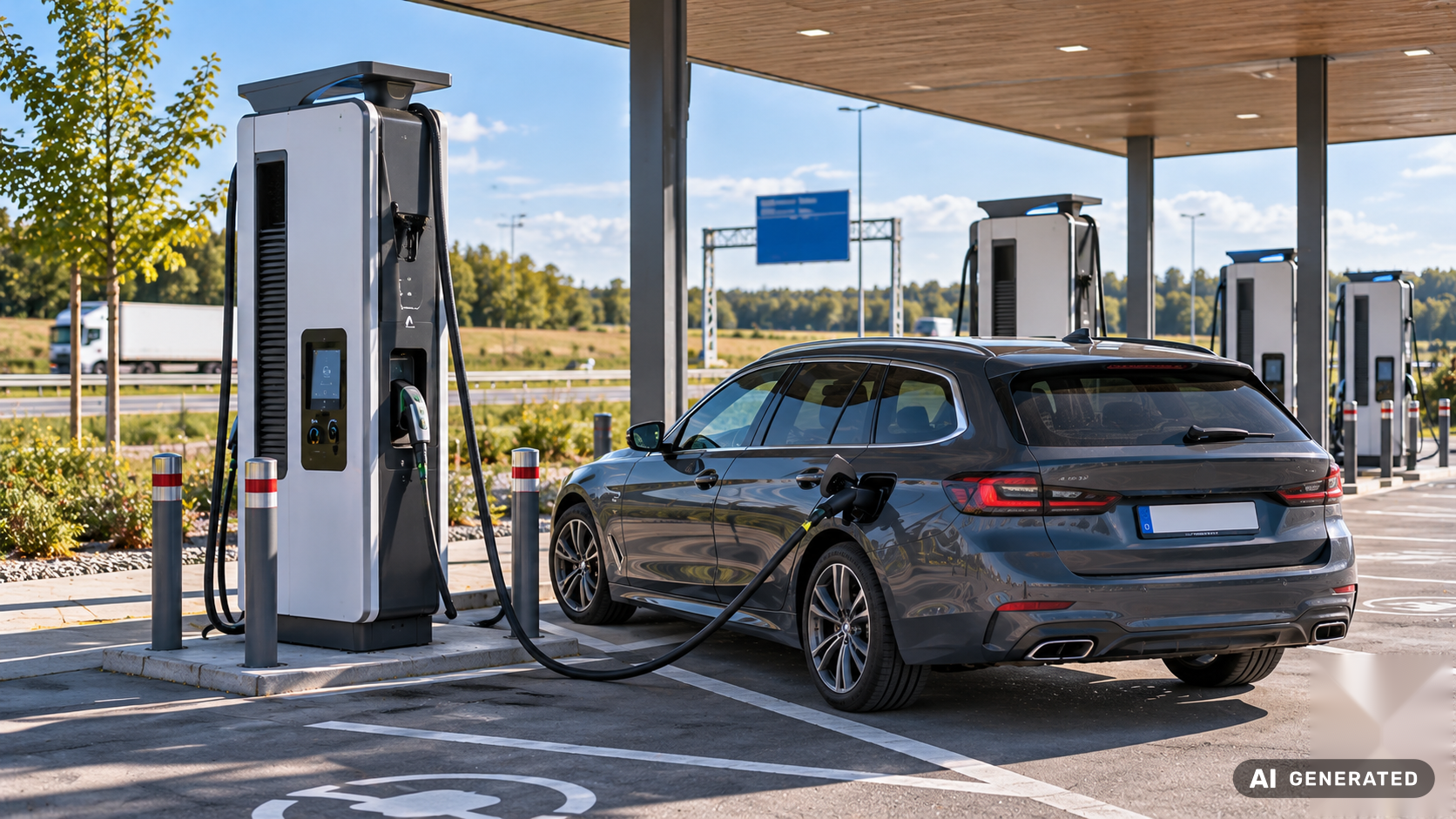 E-Auto l&auml;dt an einem DC-Schnelllader auf einem Ladepark an der Autobahn