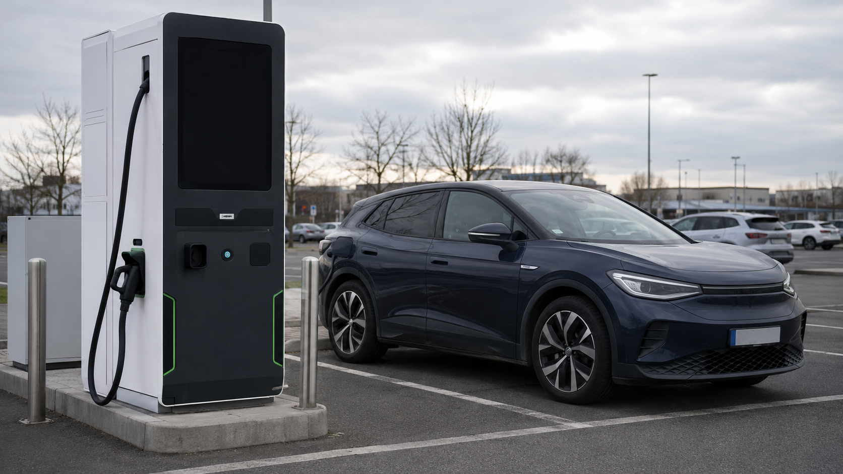 Defekte Schnellladestation mit dunklem Display neben wartendem E-Auto