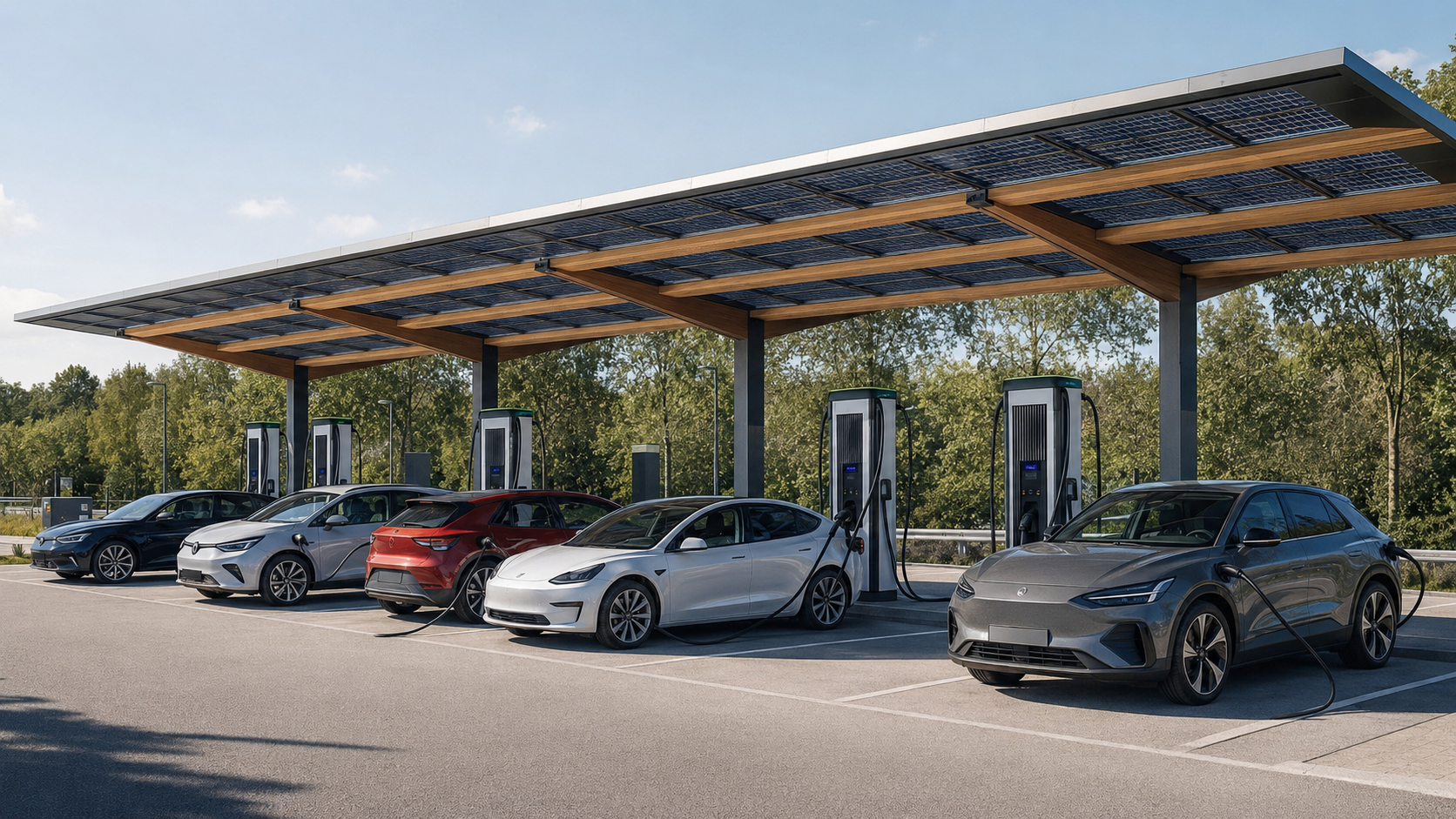 Schnellladepark des Deutschlandnetzes an einer deutschen Autobahn mit ladenden E-Autos