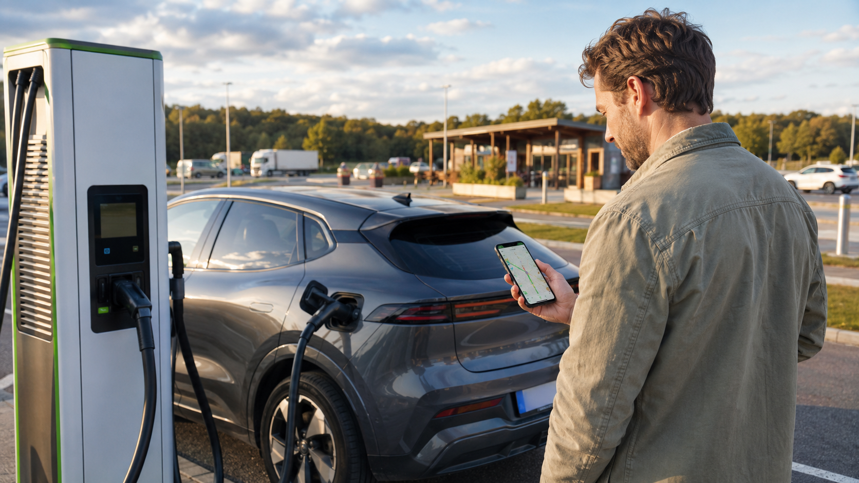 Fahrer prüft am Smartphone, wo er sein E-Auto günstig laden kann