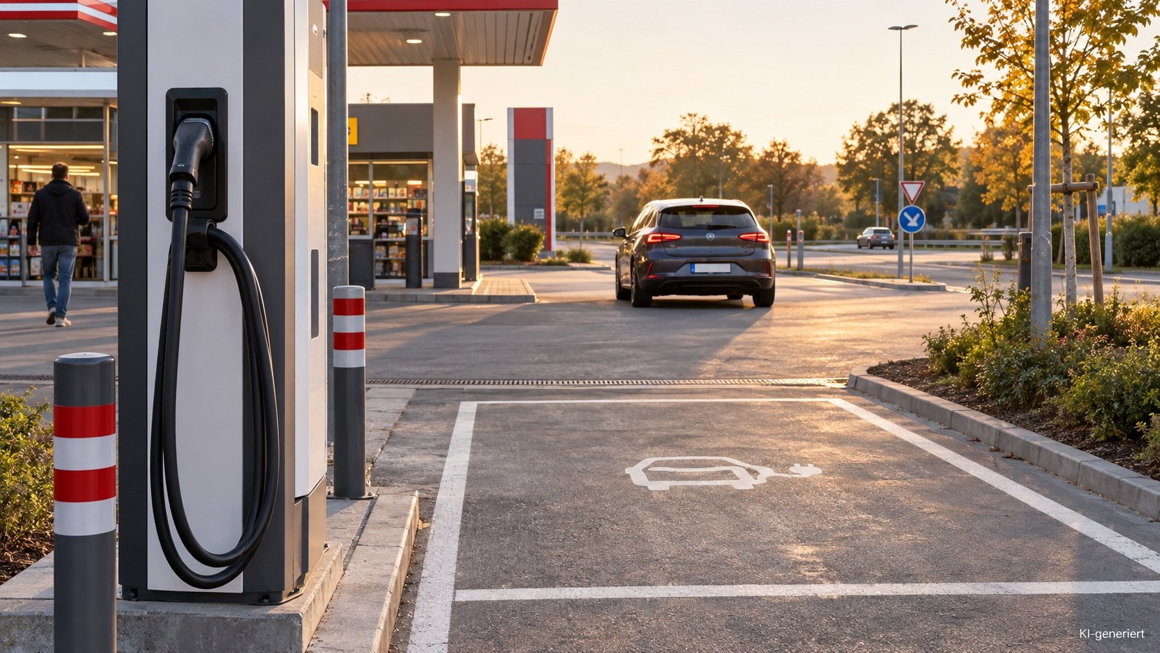 E-Auto verlässt nach dem Laden den Tankstellenhof, Ladekabel hängt wieder am Ladepunkt