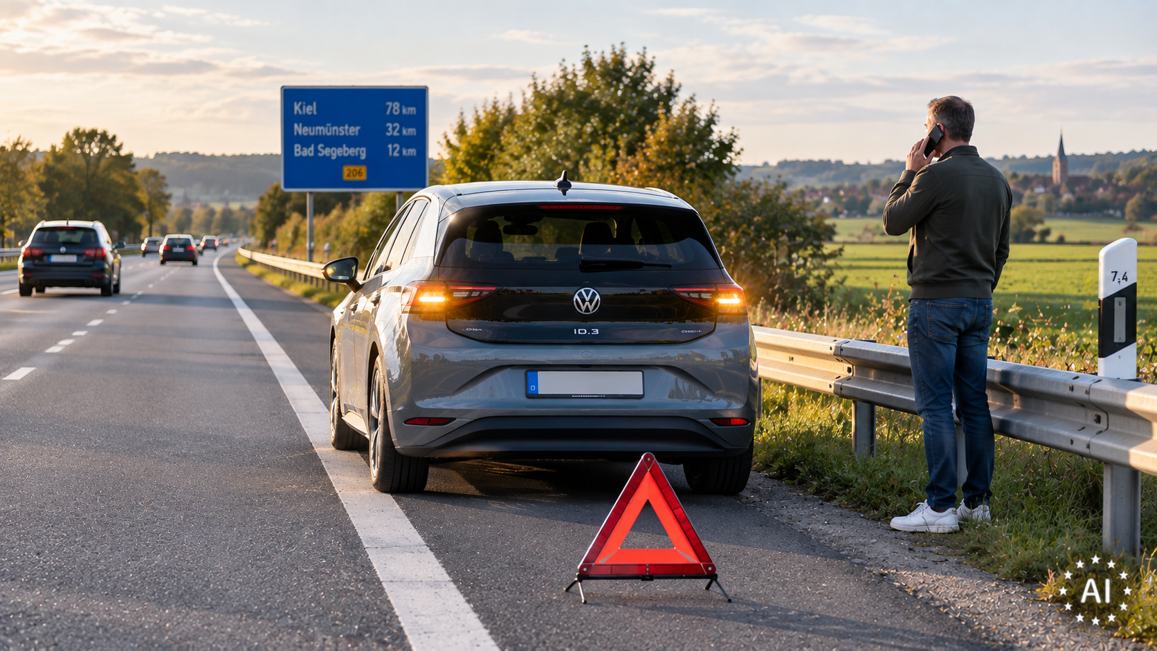 -Auto mit Warnblinklicht am Seitenstreifen einer deutschen Landstraße, Fahrer telefoniert