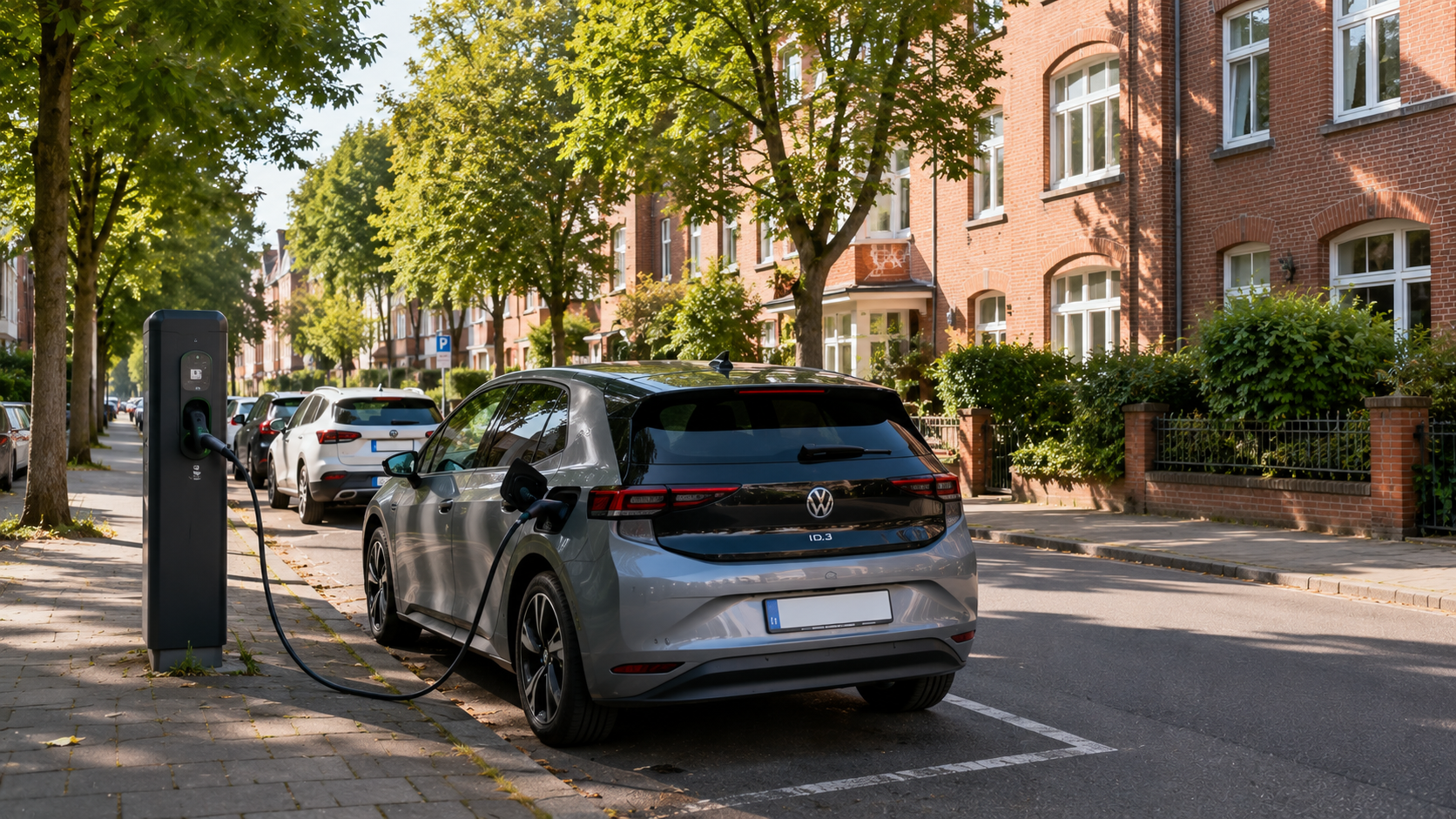 E-Auto lädt an einer öffentlichen AC-Ladesäule in einer deutschen Wohnstraße – Akku richtig laden im Alltag