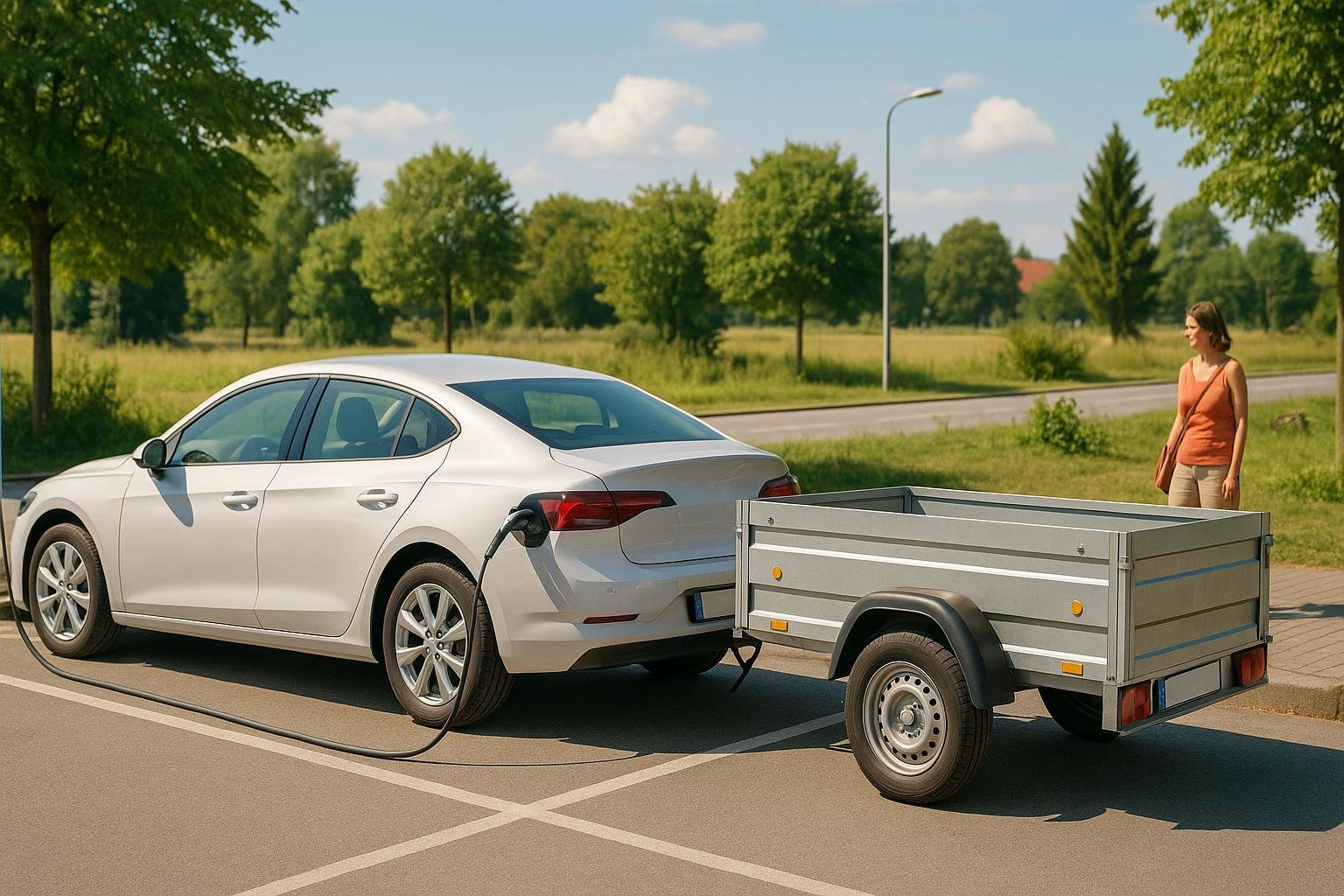 E-Auto l&auml;dt mit angekuppeltem Anh&auml;nger an einer Lades&auml;ule auf der Urlaubsreise