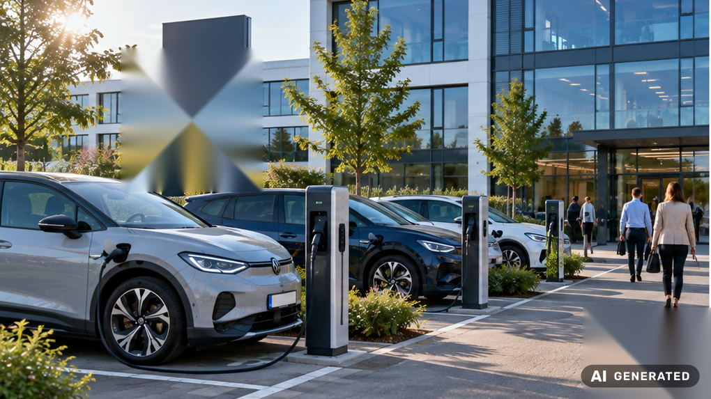 E-Auto lädt an einer Ladestation auf dem Firmenparkplatz eines Bürogebäudes