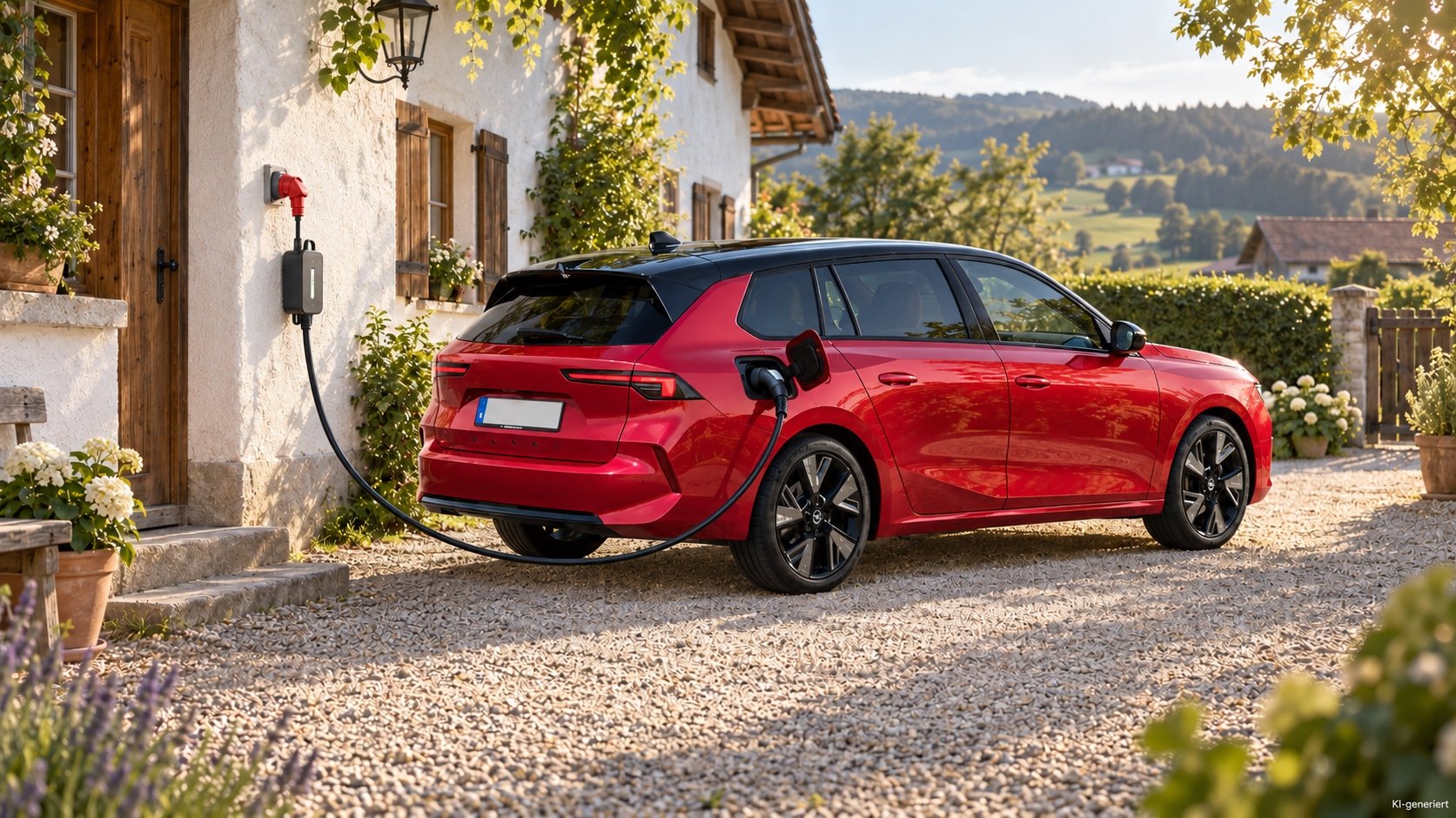 E-Auto l&auml;dt &uuml;ber eine mobile Ladestation am Hof eines Ferienhauses