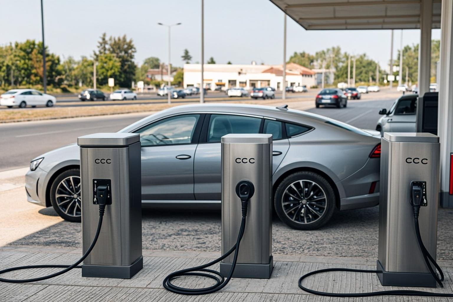 E-Auto lädt an einem HPC-Schnellladepark an einer deutschen Autobahn-Raststätte