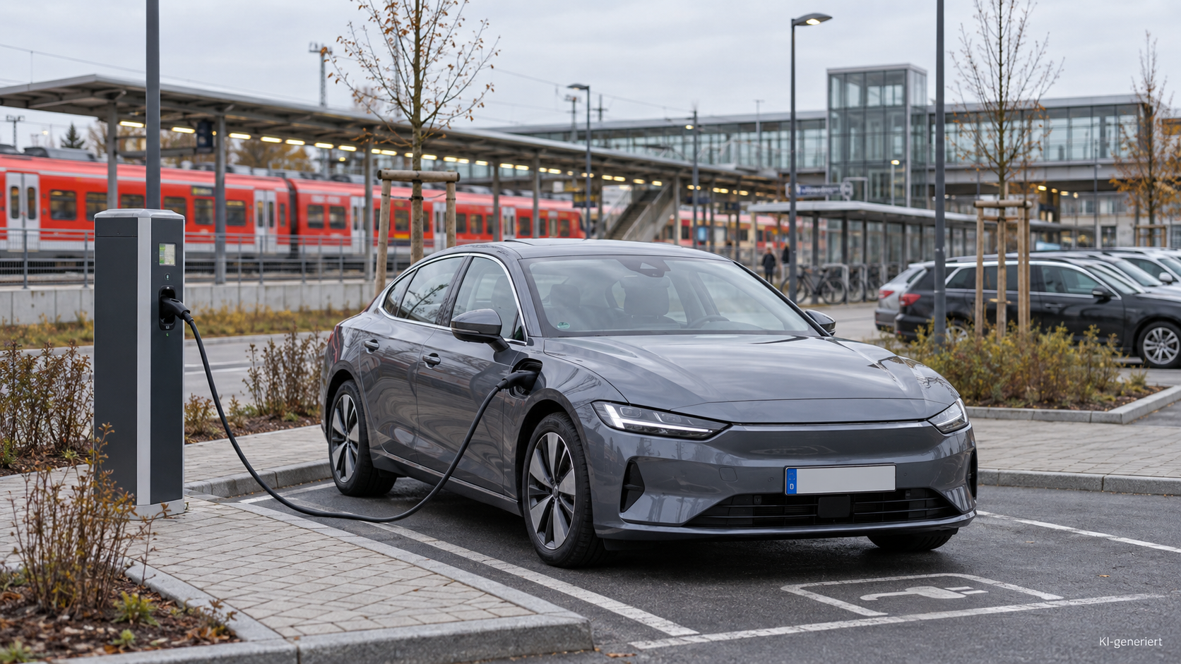  E-Auto lädt an einer Ladesäule auf einem Park-and-Ride-Parkplatz am Bahnhof 