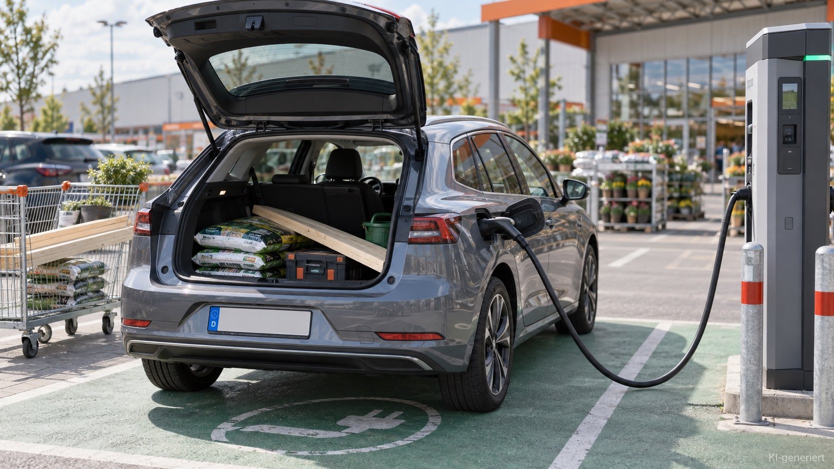E-Auto lädt an einer Schnellladesäule auf dem Parkplatz eines Baumarkts, Bauwaren im Kofferraum