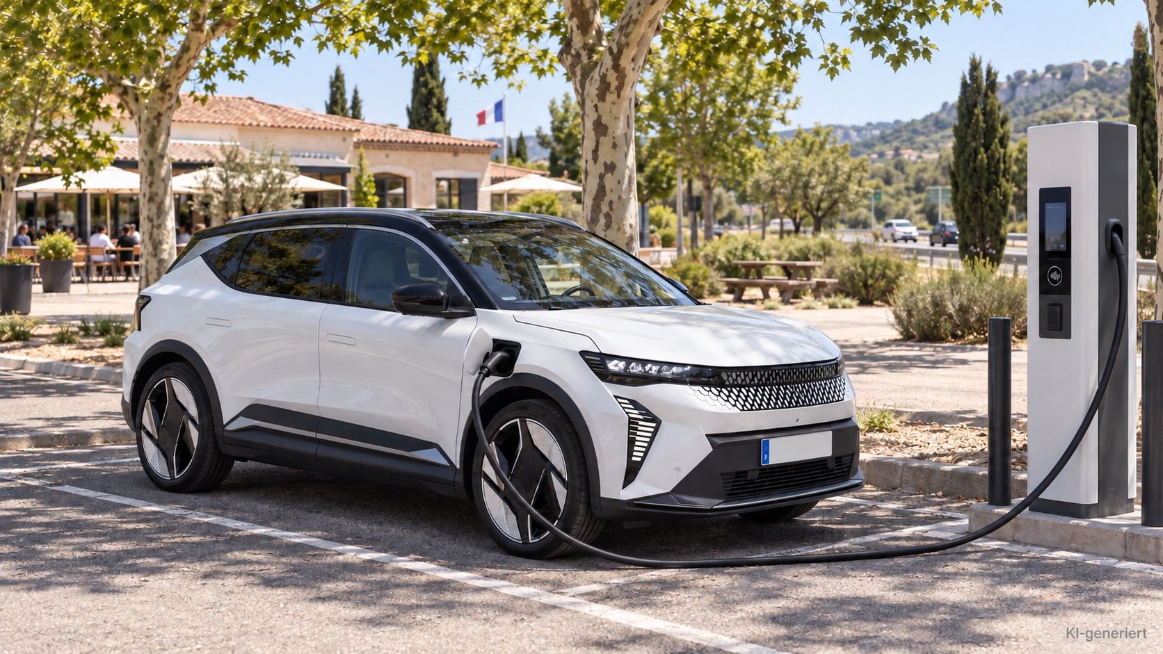 E-Auto lädt an einer Schnellladestation auf einer französischen Autobahnraststätte im Sommer