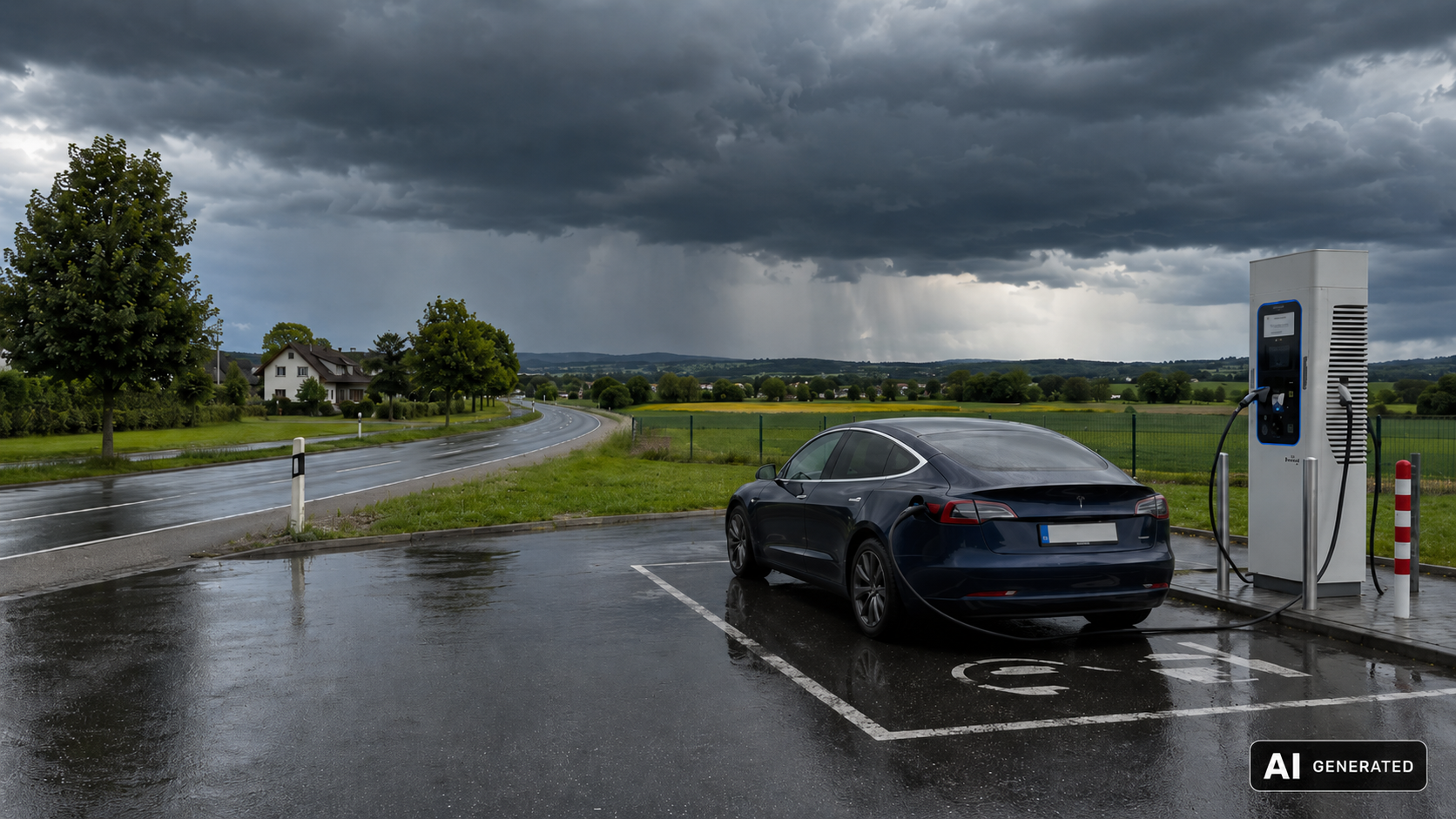 Dunkle Gewitterwolken &uuml;ber einem Ladepark mit ladendem E-Auto