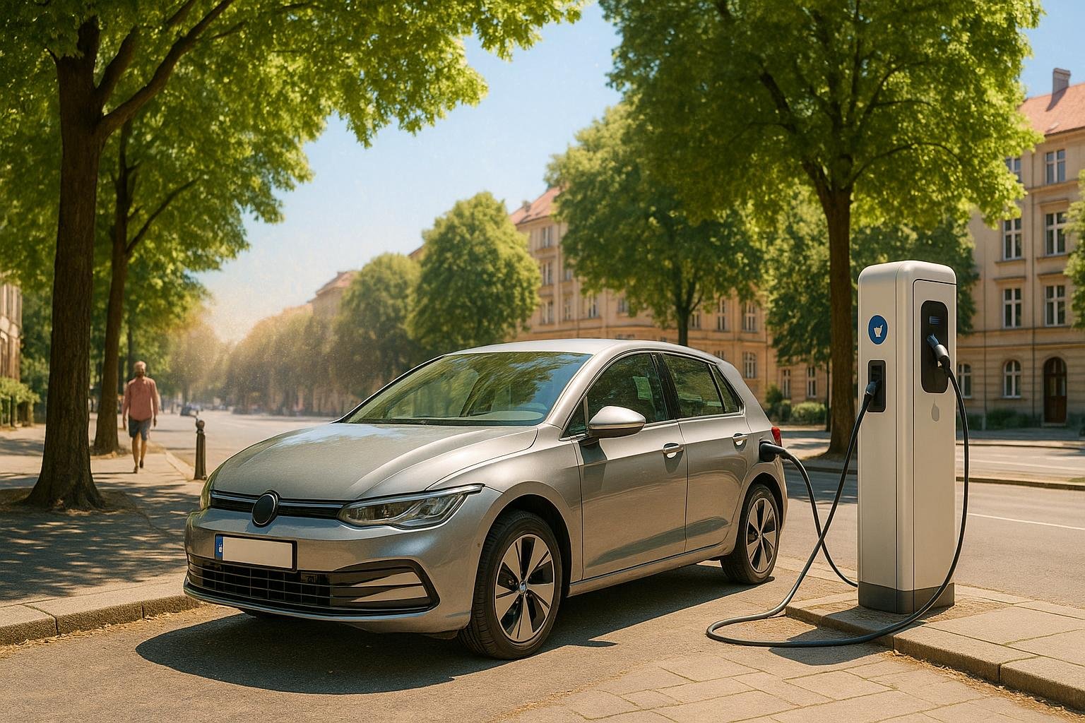 E-Auto lädt bei Sommerhitze an einer Ladesäule im Schatten großer Bäume
