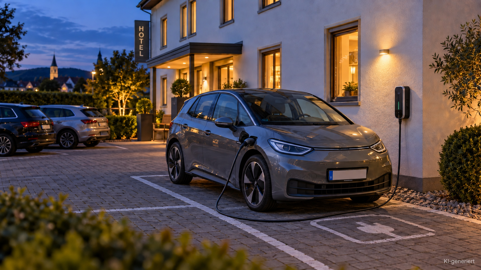 E-Auto lädt am Abend an einer Ladesäule auf dem Gästeparkplatz eines Hotels