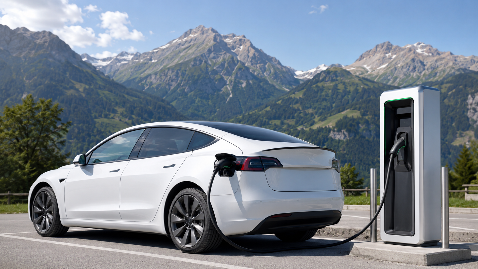 E-Auto laden im Ausland an einer Schnellladesäule vor Alpenkulisse im Sommerurlaub