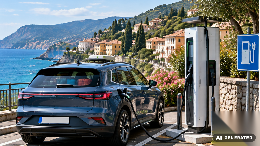 Elektroauto lädt an einer Schnellladesäule an einer mediterranen Küstenstraße in Italien