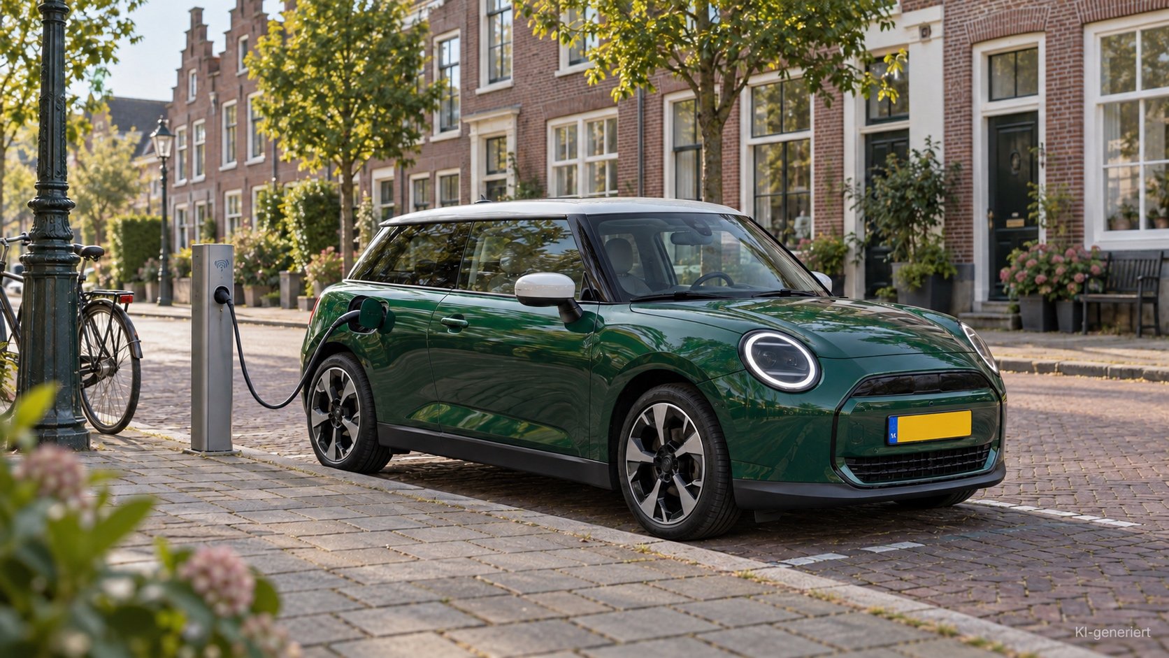 E-Auto lädt an einer Laadpaal am Straßenrand in einer niederländischen Wohnstraße mit Backsteinhäusern