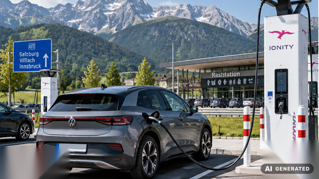 E-Auto lädt an einer Schnellladestation an einer österreichischen Autobahnraststätte mit Alpenkulisse