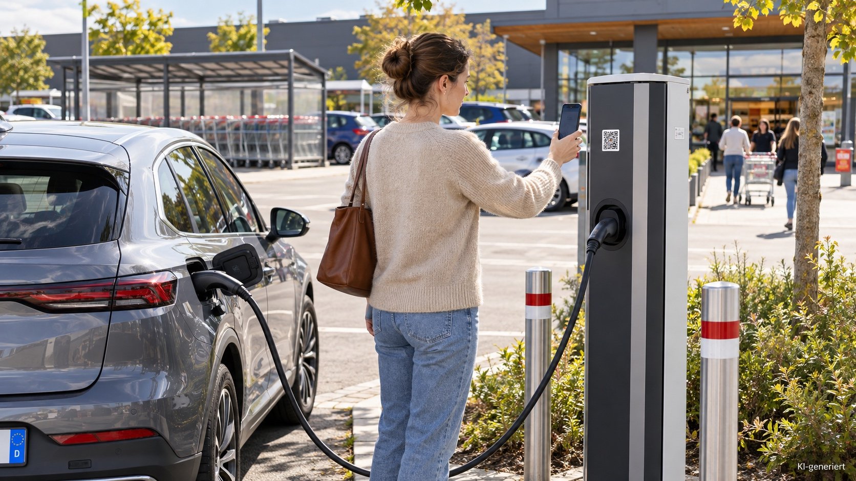 Autofahrer scannt den QR-Code an einer Lades&auml;ule auf dem Supermarktparkplatz, um ohne App zu laden