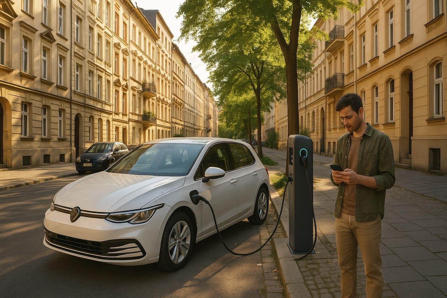 E-Auto ohne eigene Wallbox l&auml;dt an einer &ouml;ffentlichen Lades&auml;ule am Stra&szlig;enrand
