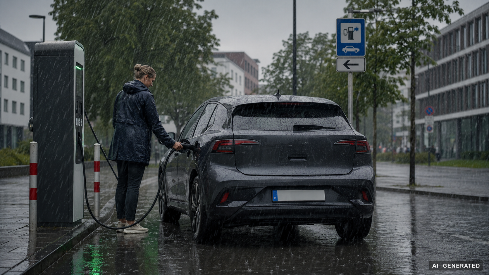 E-Auto lädt bei starkem Regen an einer öffentlichen Ladestation, Fahrerin in Regenjacke steckt den Ladestecker ein