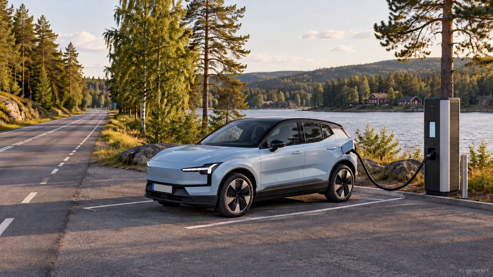  E-Auto lädt an einer Schnellladesäule in Dalarna, Schweden, mit Wald und See im Hintergrund 