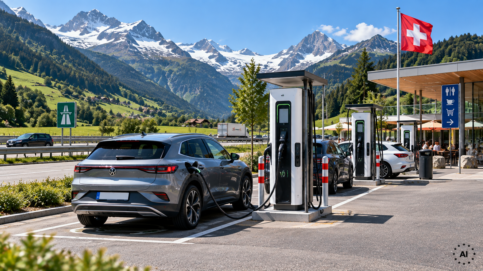 E-Auto lädt an einer Schnellladestation auf einer Schweizer Autobahnraststätte mit Alpenpanorama