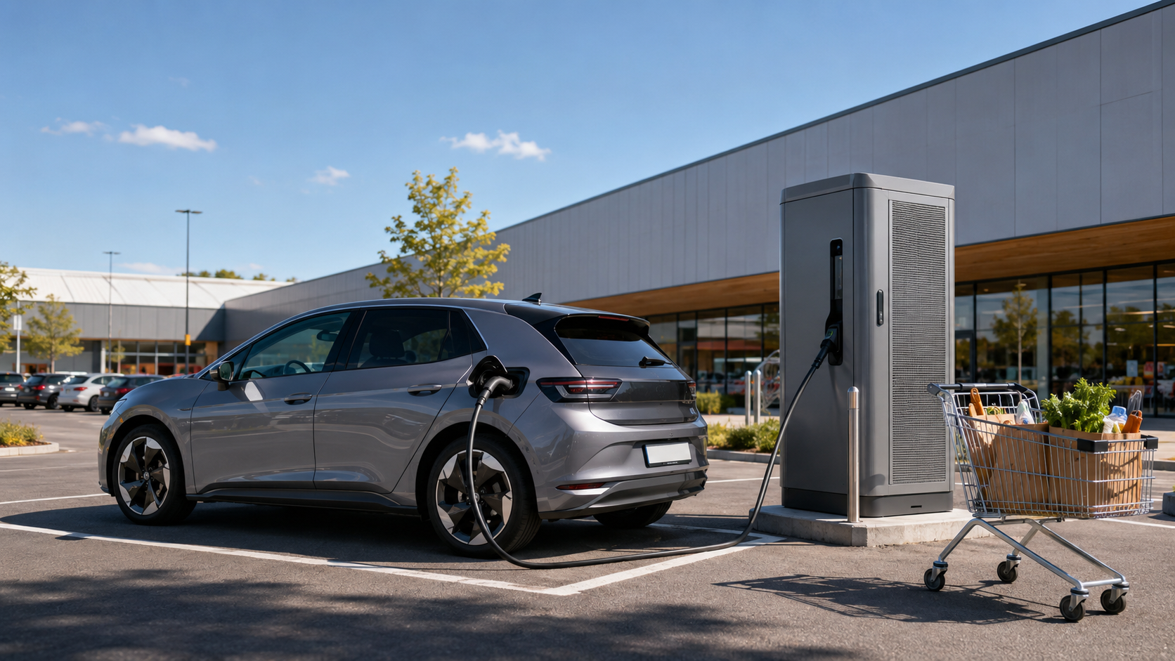 Elektroauto l&auml;dt an einer Schnellladestation auf dem Parkplatz eines Supermarktes w&auml;hrend des Einkaufs