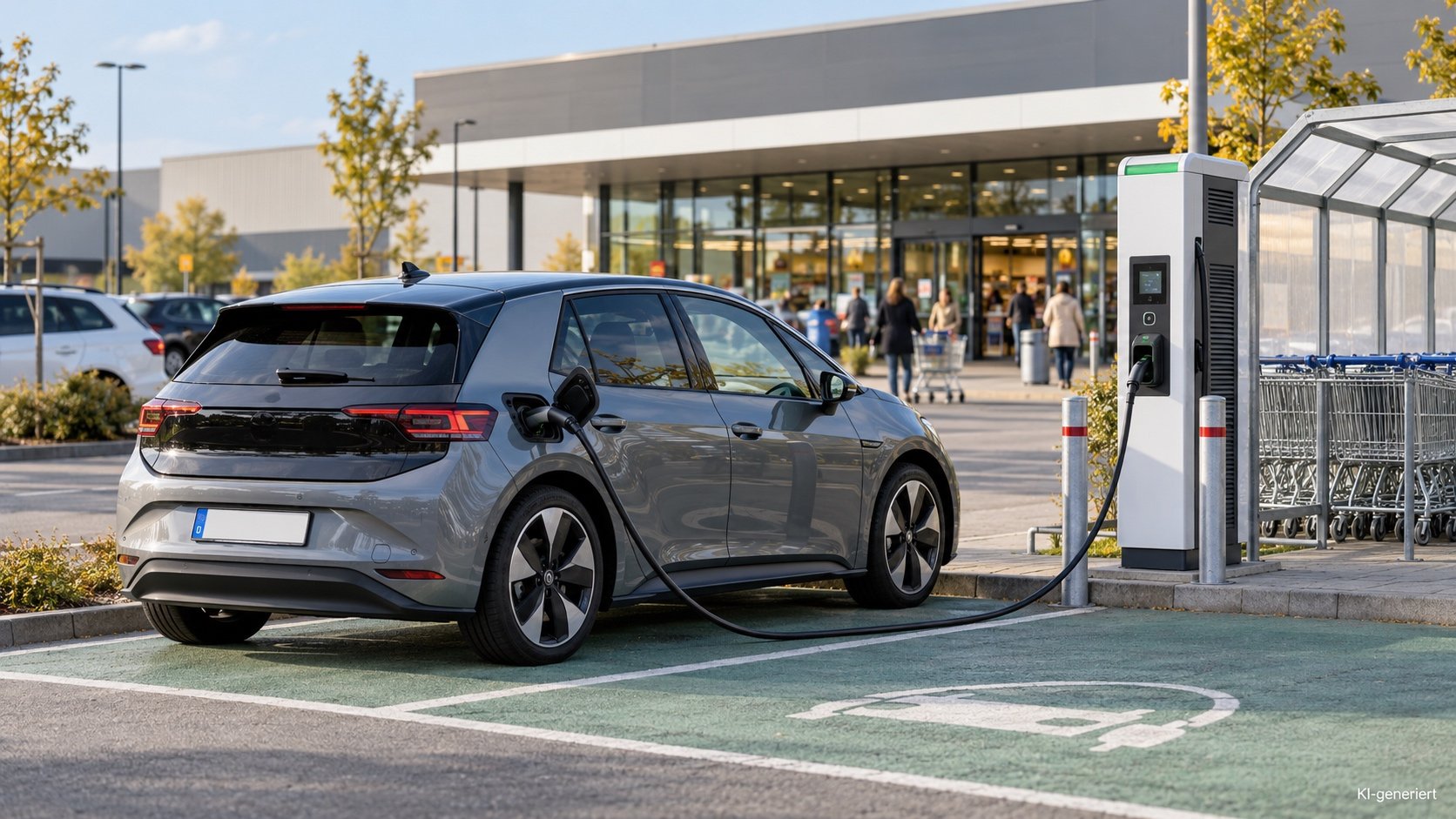E-Auto lädt an einer Ladesäule auf einem Supermarkt-Parkplatz, im Hintergrund der Markteingang