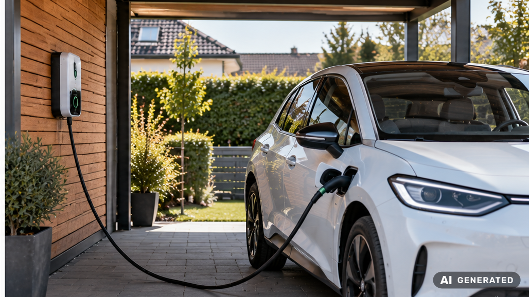 E-Auto l&auml;dt an einer Wallbox im Carport eines Einfamilienhauses