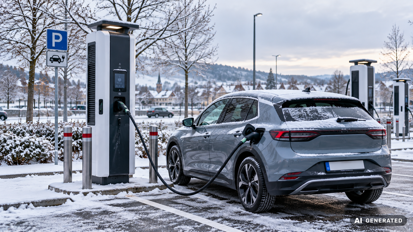 E-Auto lädt im Winter bei Schnee an einer öffentlichen Schnellladesäule