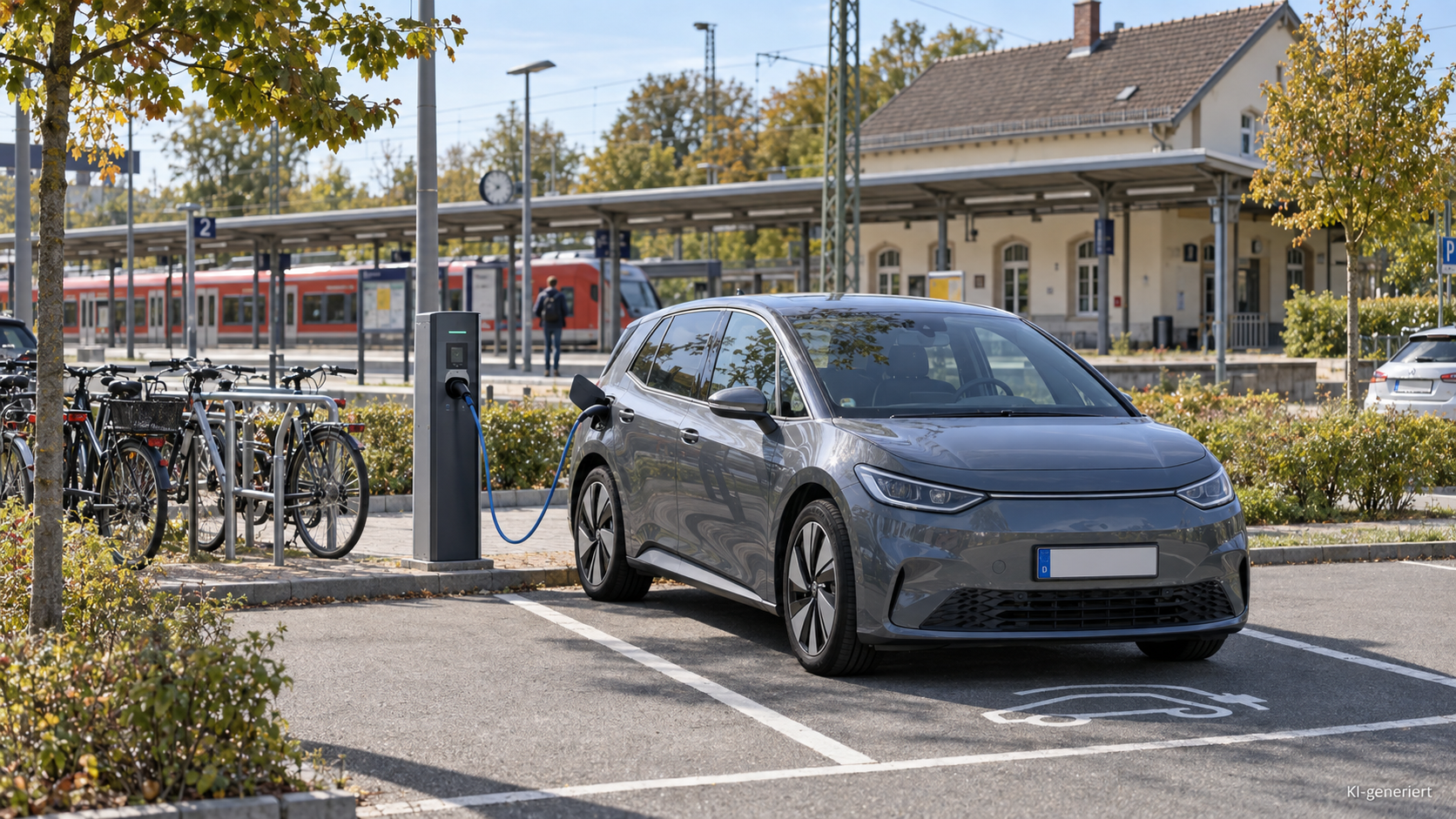 E-Auto lädt tagsüber an einer AC-Ladesäule auf einem Bahnhofsparkplatz