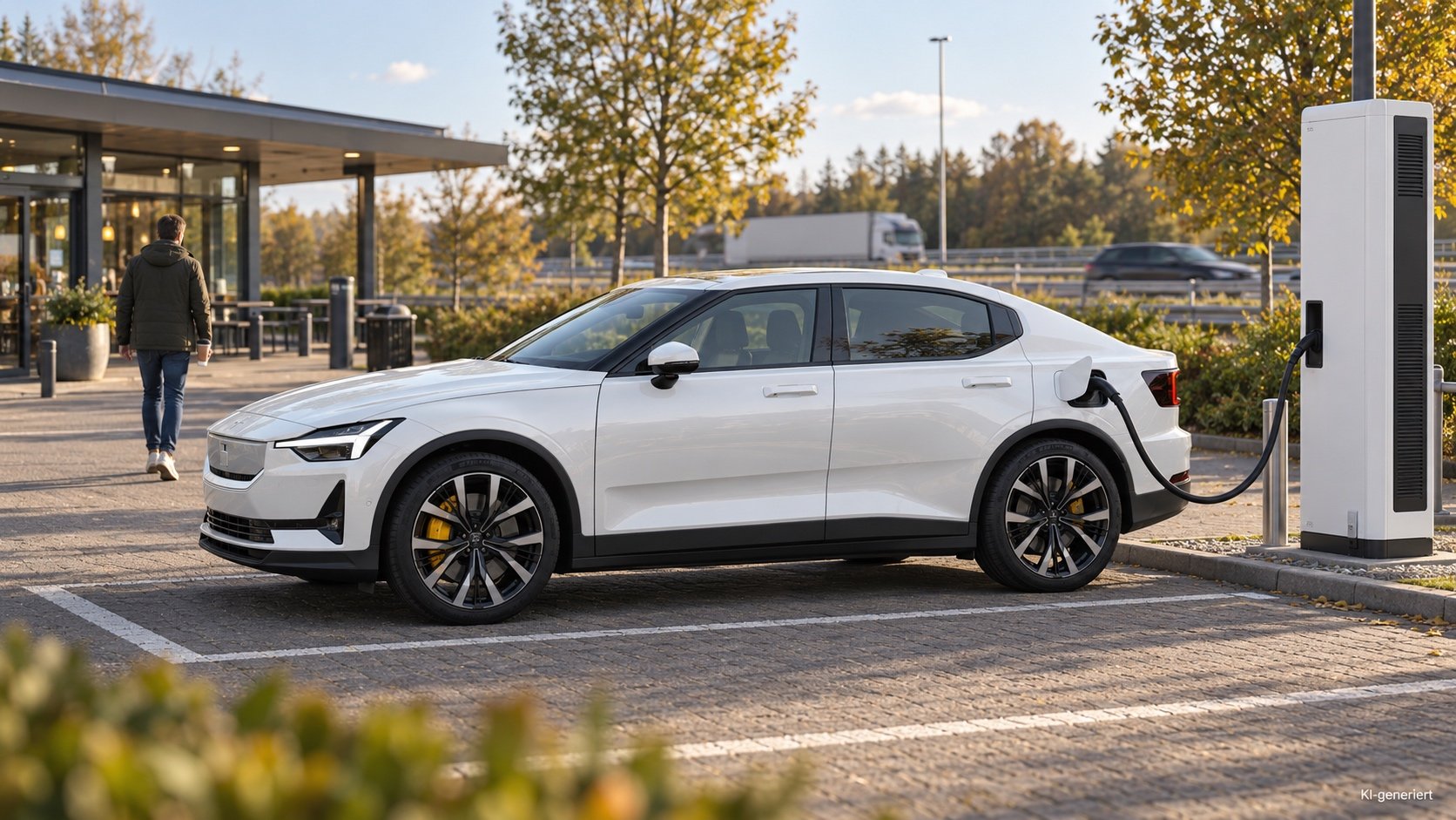 Elektroauto l&auml;dt an einem Schnelllader auf einem Autobahn-Rastplatz in Deutschland