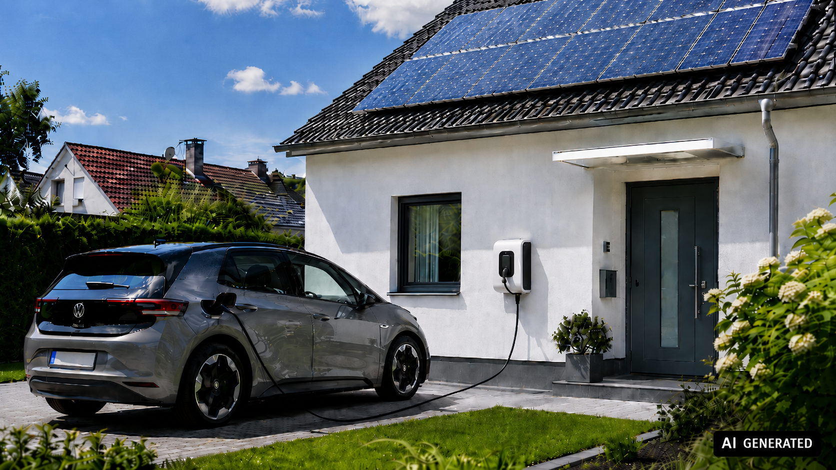 E-Auto lädt an einer Wallbox vor einem Einfamilienhaus mit Photovoltaik-Anlage auf dem Dach