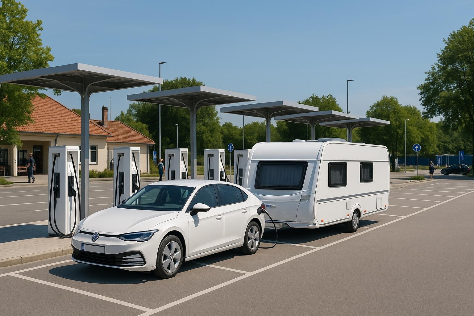 E-Auto mit Wohnwagen an einem Schnellladepark mit Durchfahrt in Deutschland