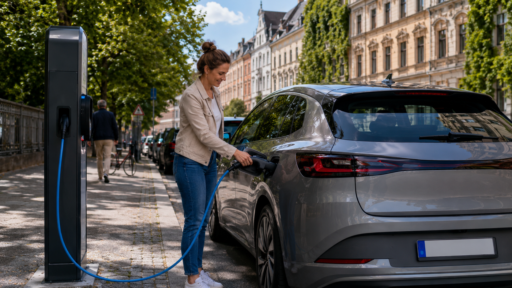 Fahrerin steckt beim ersten öffentlichen Laden das Ladekabel in ihr E-Auto an einer Ladesäule
